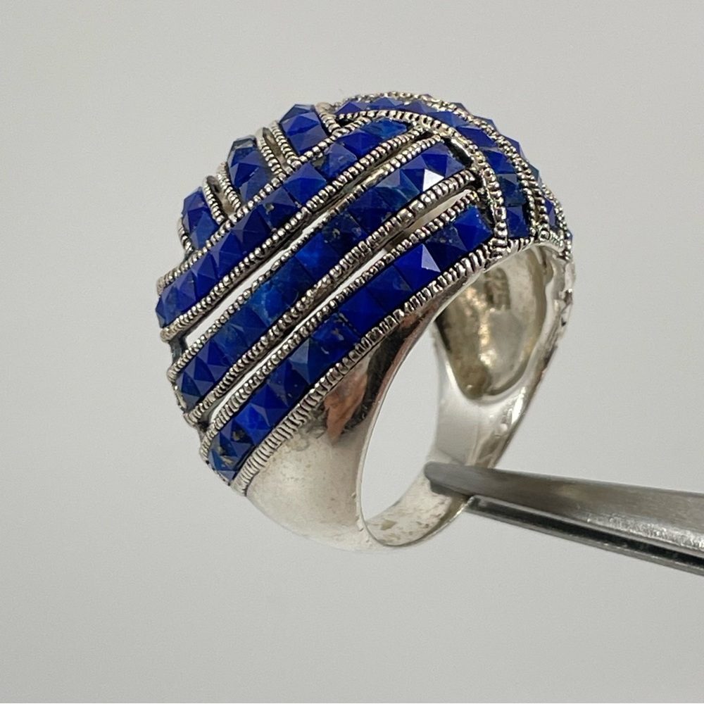 Vintage Art Deco sterling silver 925 Swirl Design Unique blue glass ring Size 7